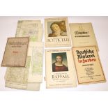 German art print folders, incl. Durer, Botticelli and Raffael; and a quantity of OS maps relating to