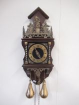 F.H.S.- C20th German mahogany wall clock, applied brass Roman chapter ring, spandrels and barley