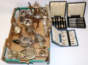 C20th G.B.T. & Co. three piece EPNS bachelors tea set with matched tray, other silver plated tea