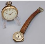 Swiss - late C19th gold fob watch, cream coloured Arabic dial, bright cut case with hinged bezel,