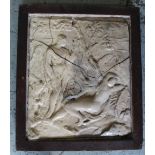 Ceramic plaque, relief decorated with Adam & Eve in the Garden of Eden, in wooden frame, 58cm x 50cm