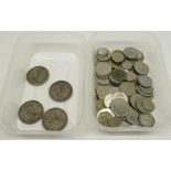 Selection of mixed world coinage incl. three Spanish Alfonso XII 5 silver pesetas and a Alfonso XIII