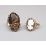 9ct yellow gold ring set with large smokey topaz, stamped 375, size O, and a 9ct gold cameo ring,