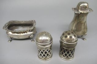 Hallmarked silver cruet items - mustard, pepper and two salts, 5.8ozt gross (4)