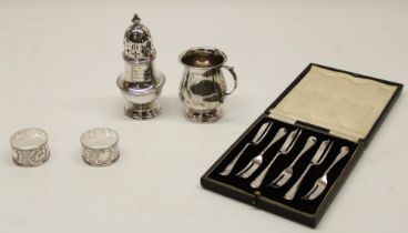 Selection of post-1900 British hallmarked silver items incl. sugar caster, christening mug, two