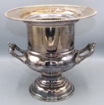 Regency style silver plated two handled urn shaped Champagne cooler, with gadrooned rim on stepped