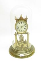 German early C20th brass 400 day suspension clock, ivory enamel Roman dial, back plate stamped