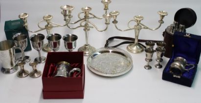 Silver plated candelabra, tankards, goblets and other metalware (qty)