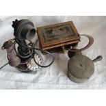 Vintage Candlestick telephone, Vintage cash box for D.M. Brown with key, sml. French brass pan