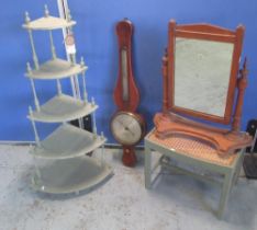 Vintage green painted five tier corner what-not, similar cane seat stool, mahogany toilet mirror and