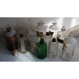 Collection of Chemists glass bottles incl. clear Ferri Peroxid, Surgical Spirit, green, etc (!2)