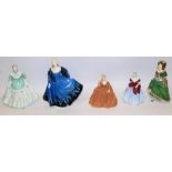 Pair of Coalport Ladies of Fashion figures Dulcie & Beverley, three other Coalport figures