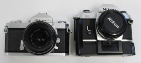 Nikon Nikkormat SLR with Micro Nikkor 55mm F 3.5mm lens and a Nikon FG with 50mm F1: 1.8mm lens with