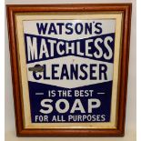 Framed Watsons Matchless Cleanser enamel sign, 37cm x 41cm