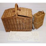 Large vintage wicker picnic hamper, H50cm; wicker bottle carrier with canvas shoulder strap and