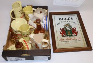 Group of advertising bar ware c1970s, incl. a Bell's Old Scotch Whisky advertising mirror 51x36cm,