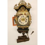 C20th Dutch style wall clock alarm with applied cast brass mounts, painted Roman dial, the two train