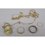 9ct yellow gold items including chain link necklaces and rings, mostly A/F, 8.4g, and a silver and