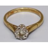 18ct yellow gold, illusion set diamond solitaire ring, size O, stamped 18ct, 3.3g