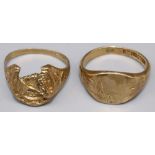 9ct yellow gold signet ring with grooved shoulders, size U, and a 9ct gold ring with horses head and