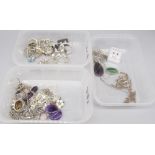Pair of silver and amethyst stud earrings, and a collection of silver and white metal jewellery