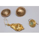9ct yellow gold drop earring set with turquoise, a pair of circular gold earrings (A/F), and an