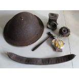 WW2 Brody helmet, Vintage cycle lamp, AA badge 3EO5825, Vintage Servants call and toffee hammer (5)