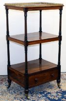 William 1V rosewood what-not, three tiers with pierced brass galleried top, on lotus carved supports