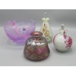 Caithness art glass bowl, Mdina glass tear drop bottle with stopper, another glass bottle with