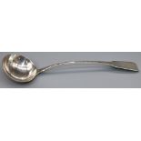 George 111 hallmarked silver Fiddle pattern soup ladle, engraved with crest, London probably 1768,