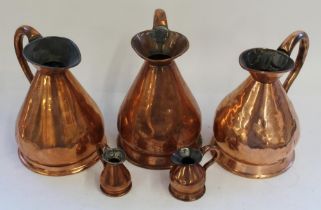 Set of 5 copper jugs consisting of x3 1 Gallon, Gill and a 1/2 Gill