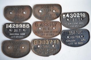 Eight cast iron railway wagon plates to include 7 Shildon and 1 Pressed Steel Co, dated from 1950s-