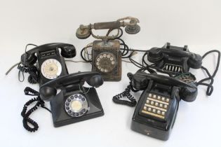 Five black bakelite and other telephones incl. French PTT H. Depaepe telephone, Etelco button