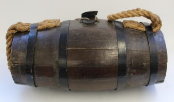Royal Naval cooped oak Grog barrel with iron hoops, wood bung and rope handles. 61cm wide