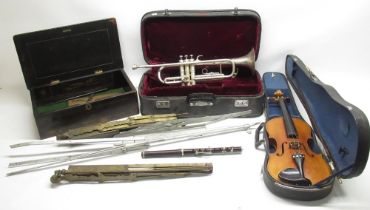 Cased Lark of Shanghai violin and bow, cased 'Parrot' made in China trumpet, H.Y.Potter & Co. wind