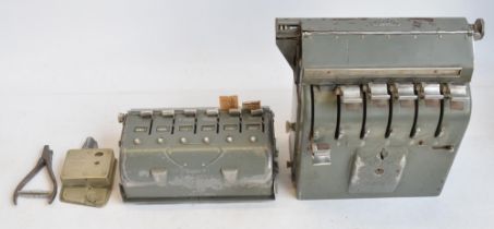 Vintage bus conductors Solomatic ticket machine (Bell Punch Company) and another smaller chest