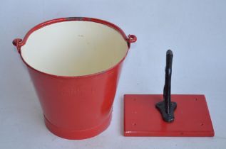 Vintage LNER rivetted steel fire bucket (top diameter 31.3cm) and a cast iron fire bucket holder (no