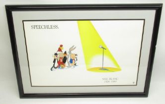 Warner Bros. 'Speechless Mel Blanc 1908-1989' framed lithograph, 78cm x 56cm