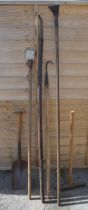 Collection of vintage tools to include Spear & Jackson coal shovel, mallet, BR stamped long hook