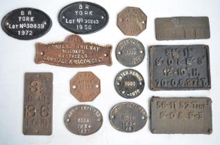 Collection of cast iron wagon plates to include Inter Repair, BR York and Cravens Railway Builders