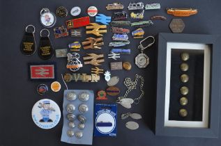 Collection of British Railways pin badges, uniform buttons (including 6 framed vintage LNER