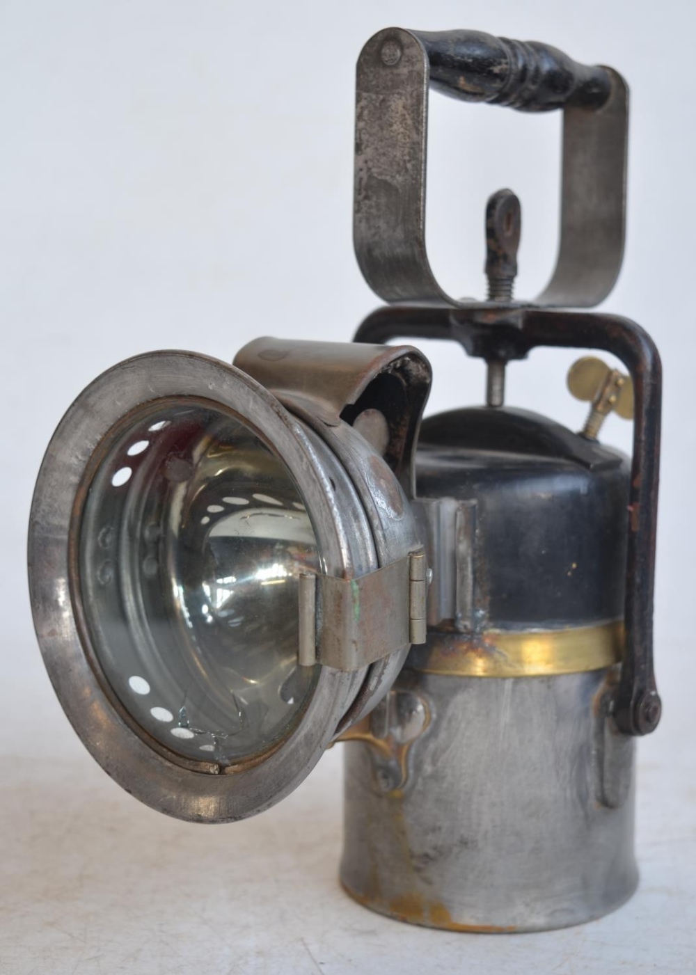 Vintage carbide railway/miners hand lamp by The Premier Lamp & Engineering Co, Leeds. Small crack to