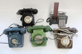 Four GPO style plastic telephones and a Bang and Olufsen Beocom 1600 telephone