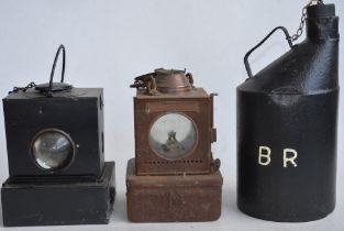 Vintage British Rail oil can (H33cm) with bung and 2 paraffin railway lamps to include an LNER