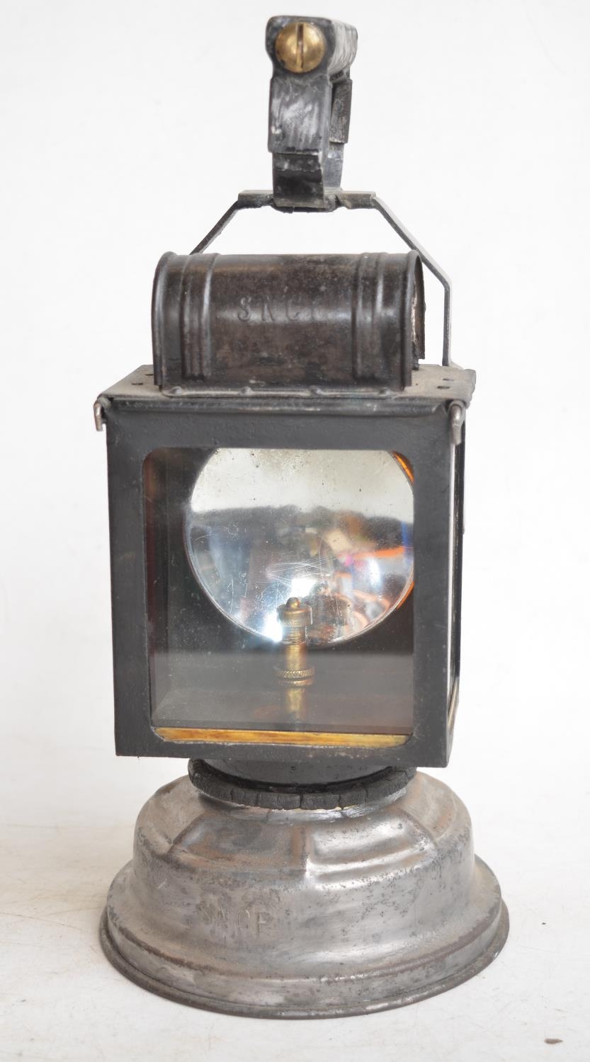 Albert Butine SNCF French railway carbide lantern, circa 1920-30s. Fixed carry handle, stamped top