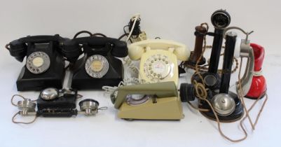 Selection of vintage telephones incl. French Thomson-Houston stick telephone, GEC Gecophone etc (