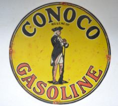 Plate steel enamel advertising sign for Conoco Gasoline. D61cm