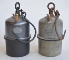 Two vintage French Arras miners carbide lamps, both approx 21.5cm high with handles/hanging hooks