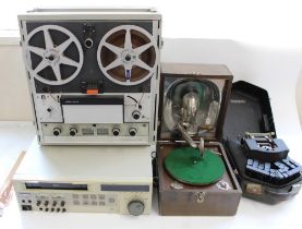 Decca Junior portable gramophone, Palantype shorthand typewriter, Panasonic AG7350 VHS playback