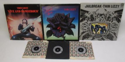Thin Lizzy vinyl LPs and 45 RPMS - Jailbreak(9102 008), Black Rose(9102 032), Live and Dangerous(